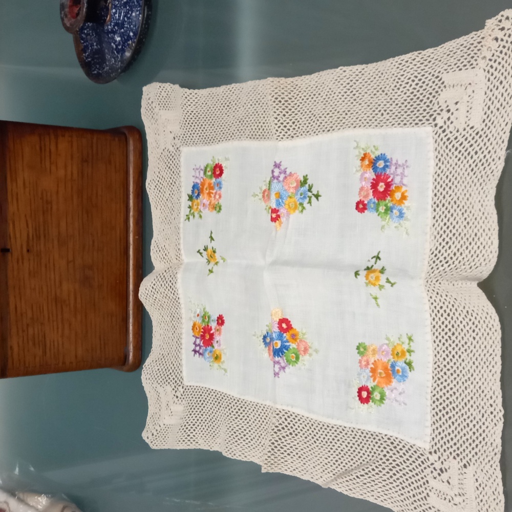 Vintage European Hand Crafted Doiley with Flowers